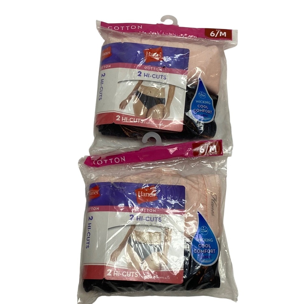 4pk Hanes Womens Cotton Hi-Cut Underwear 6 M Wicking Cool Comfort Black Pink NWT